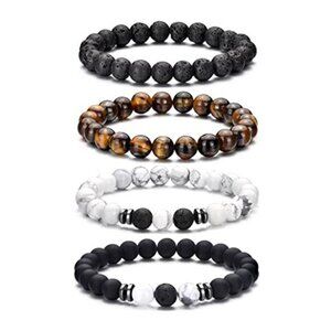 Tiger Eye Beaded Bracelet Set of 5 Mens Lava Rock Stretch